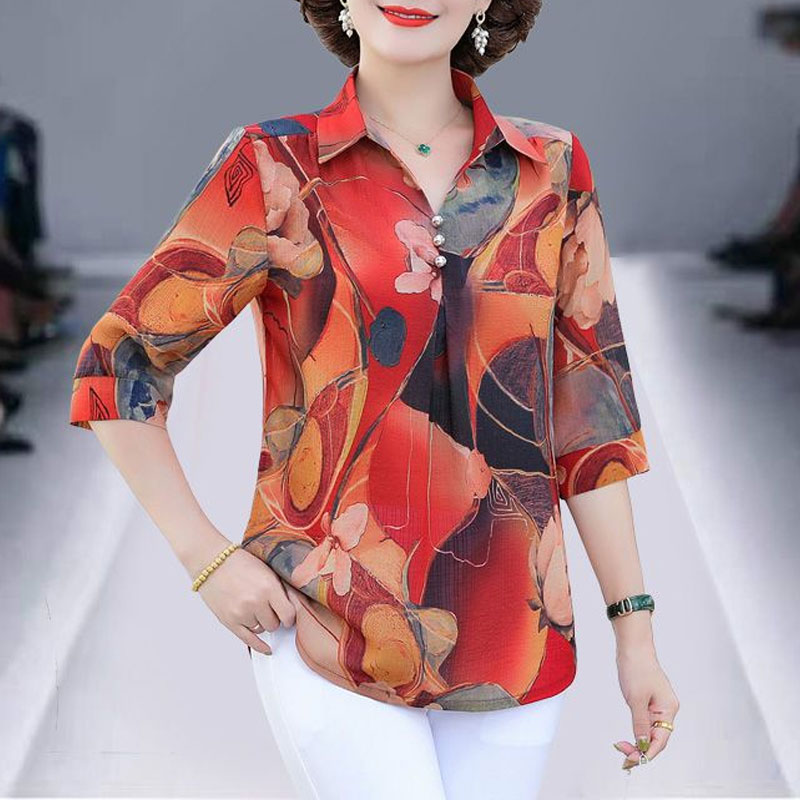Summer Clothing For 60 Year Old Woman - 여름 빈티지 꽃 프린트 셔츠 여성