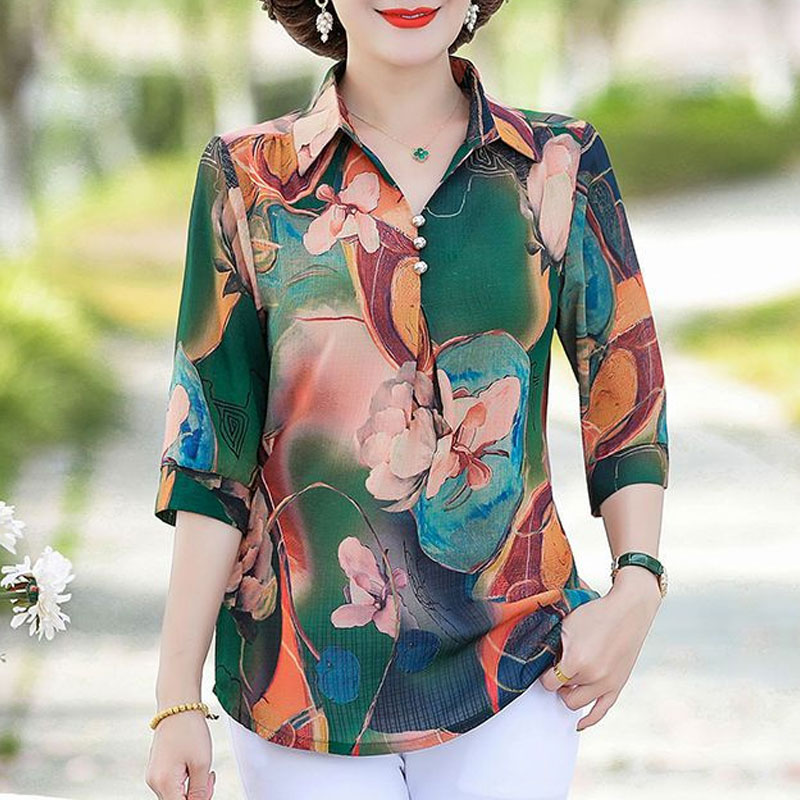 여름 빈티지 꽃 프린트 셔츠 여성 의류 캐주얼 턴 다운 - Summer Clothing For 60 Year Old Woman 리뷰 및 가격