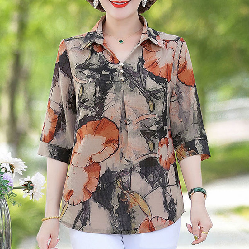 여름 빈티지 꽃 프린트 셔츠 여성 의류 캐주얼 턴 다운 - Summer Clothing For 60 Year Old Woman 리뷰 및 가격