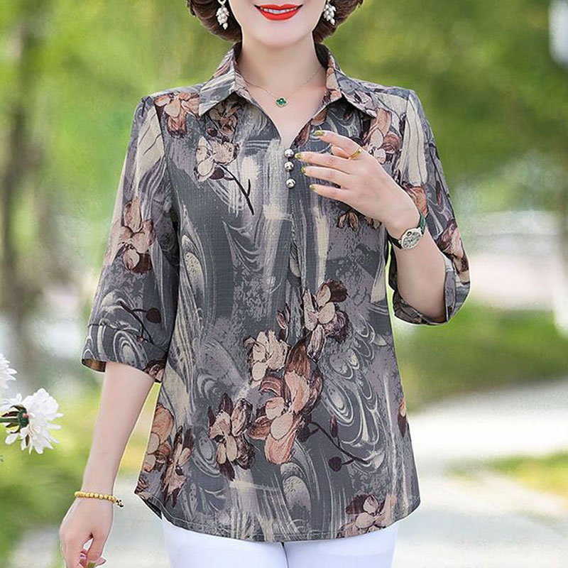 여름 빈티지 꽃 프린트 셔츠 여성 의류 캐주얼 턴 다운 - Summer Clothing For 60 Year Old Woman 리뷰 및 가격