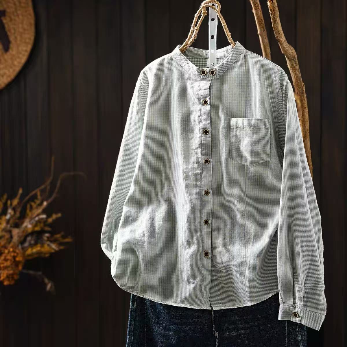 여성용 면사 피티드 셔츠 일본 빈티지 스타일 스탠드 칼 - Summer Clothing For 60 Year Old Woman 리뷰 및 가격