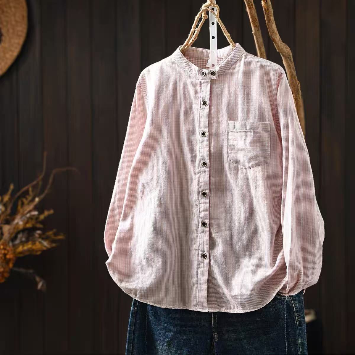 여성용 면사 피티드 셔츠 일본 빈티지 스타일 스탠드 칼 - Summer Clothing For 60 Year Old Woman 리뷰 및 가격
