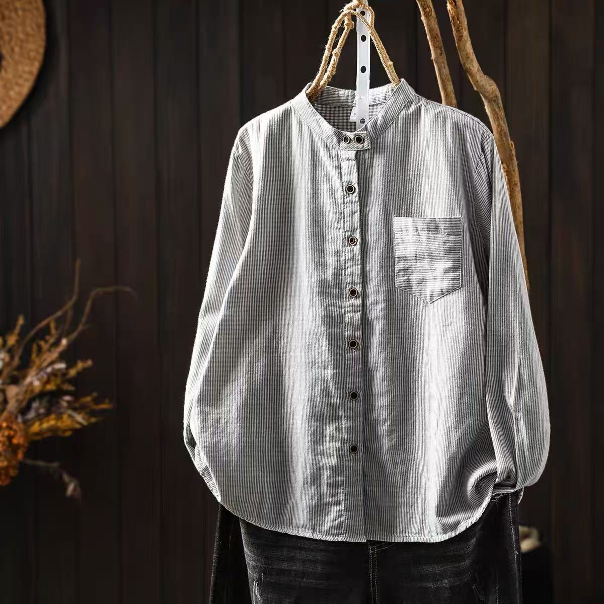 여성용 면사 피티드 셔츠 일본 빈티지 스타일 스탠드 칼 - Summer Clothing For 60 Year Old Woman 리뷰 및 가격