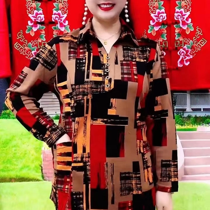 출퇴근 기하학 셔츠 용수철, 턴다운 칼라 단추, 여성  - Summer Clothing For 60 Year Old Woman 리뷰 및 가격
